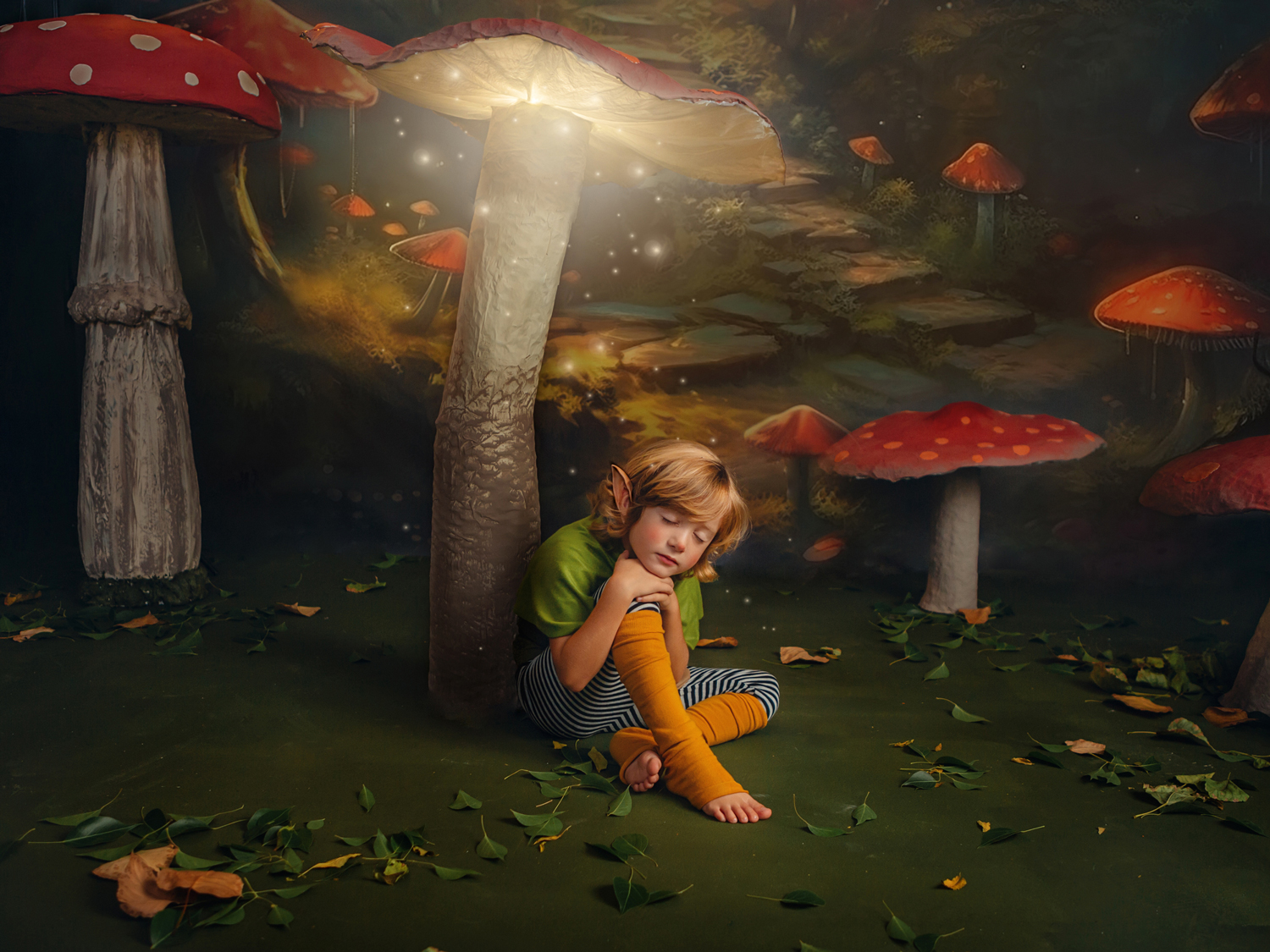 Niño gnomo en bosque de setas - Sesión de cuentos